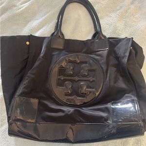 Tory Burch large Black Tote Bag with Patent Trim - Classic Logo Accent